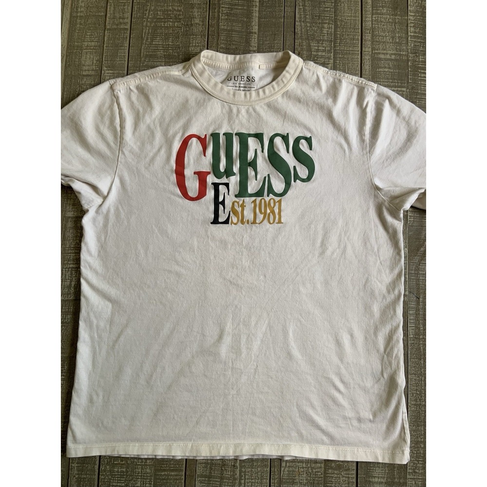 GUESS Men's Off White Crew Neck Short Sleeve Cotton T-Shirt Size Medium Green